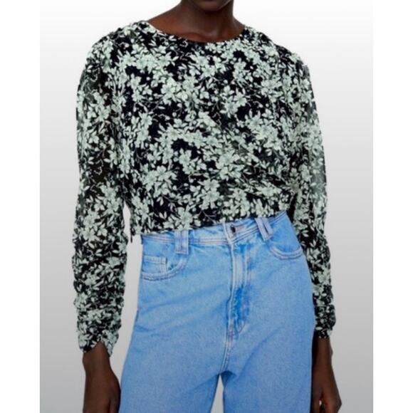 ZARA floral crop chiffon back and white blouse M - Picture 1 of 9